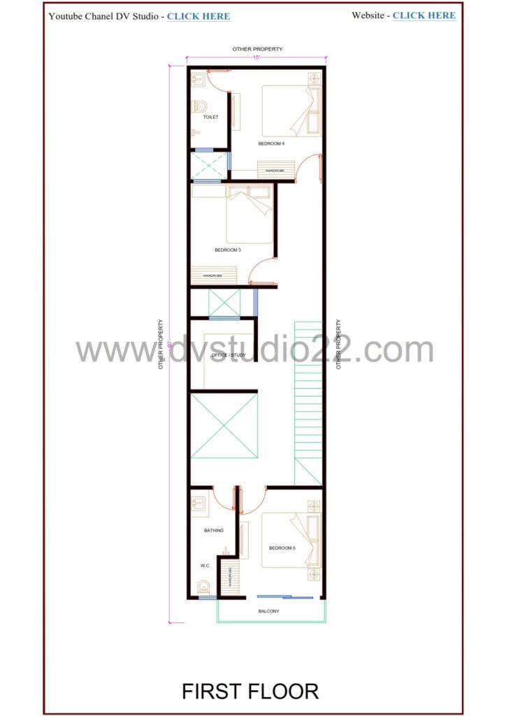 15x60 House Plans 3D - 5BHK - Option 2 - 900 Sqft | 100 Gaj