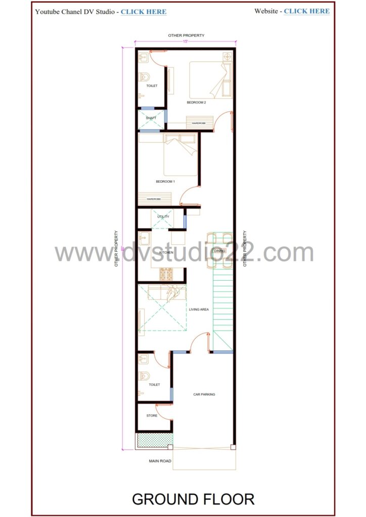 15x60 House Plans 3D - 5BHK - Option 2 - 900 Sqft | 100 Gaj