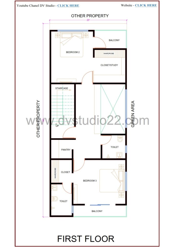 20x50 House Plans 3D - 3BHK - Option 7 - 1000 Sqft | 110 Gaj