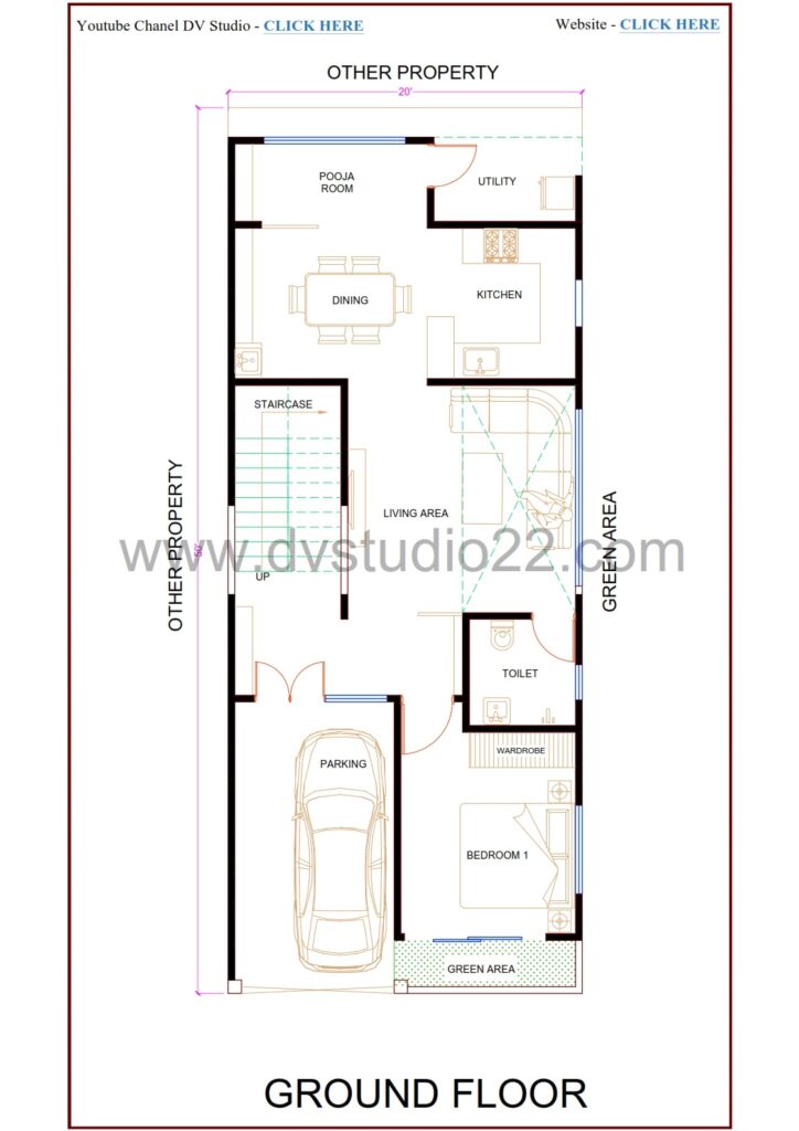 20x50 House Plans 3D - 3BHK - Option 7 - 1000 Sqft | 110 Gaj