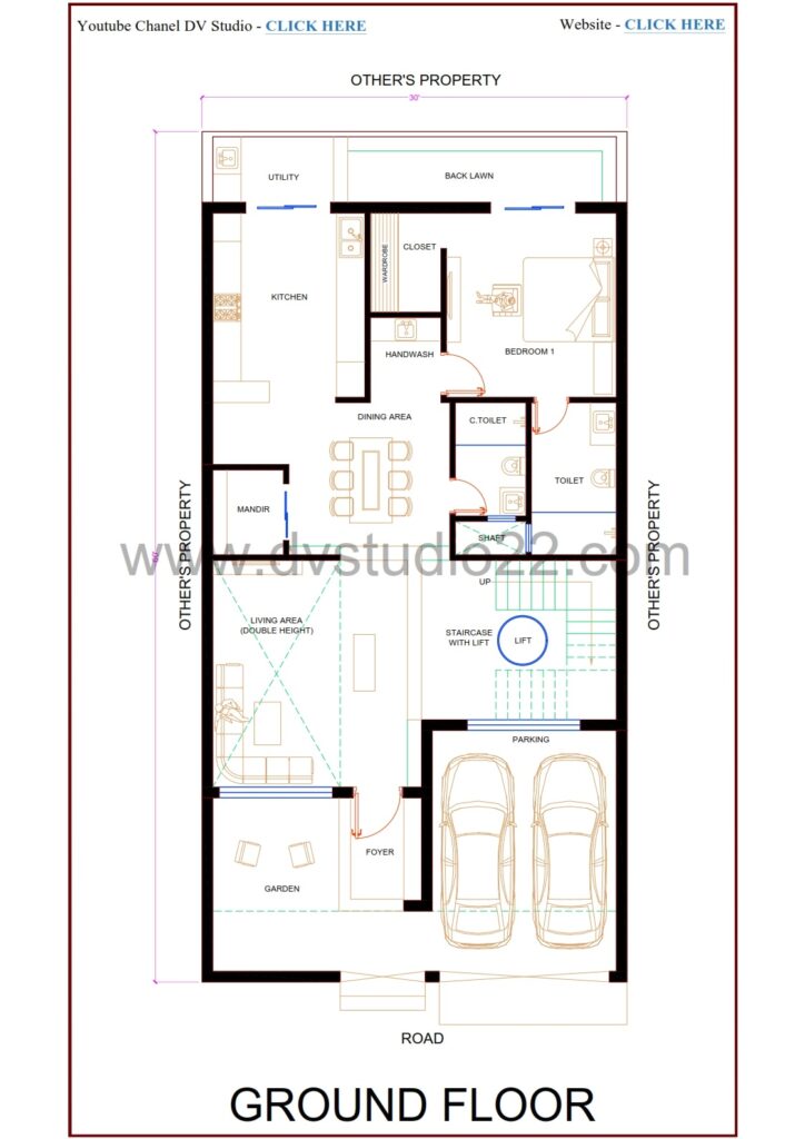 30x60 4BHK Duplex House Plans 3D
House Includes -
This House is built in G + 2
Ground floor -
Staircase - External
Lift - 01
Parking - Car
Living room - 01
Bedroom - 00
Kitchen - 01
Toilet - 01
First floor -
Staircase - External + Internal
Lift - 01
Drawing Room - 01
Living room - 01
Dining area - 01
Kitchen - 01
Utility area - 01
Mandir - 01
Bedroom - 01
Toilet - 02
Second Floor -
Lift - 01
Bedroom - 03
Sitout Hall - 01
Toilet - 02
