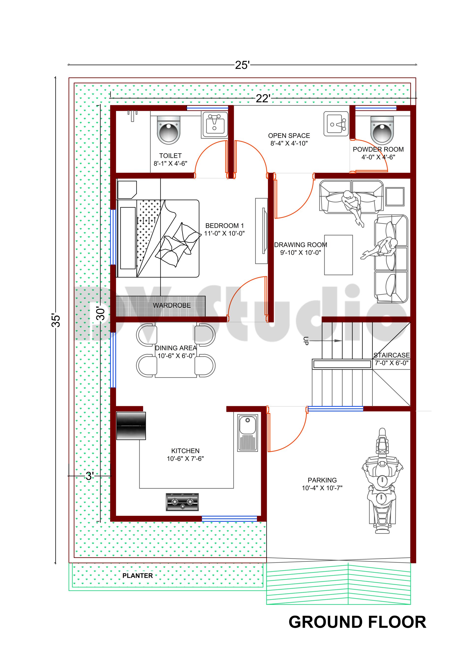 25X35 House Design Option 2 - DV Studio