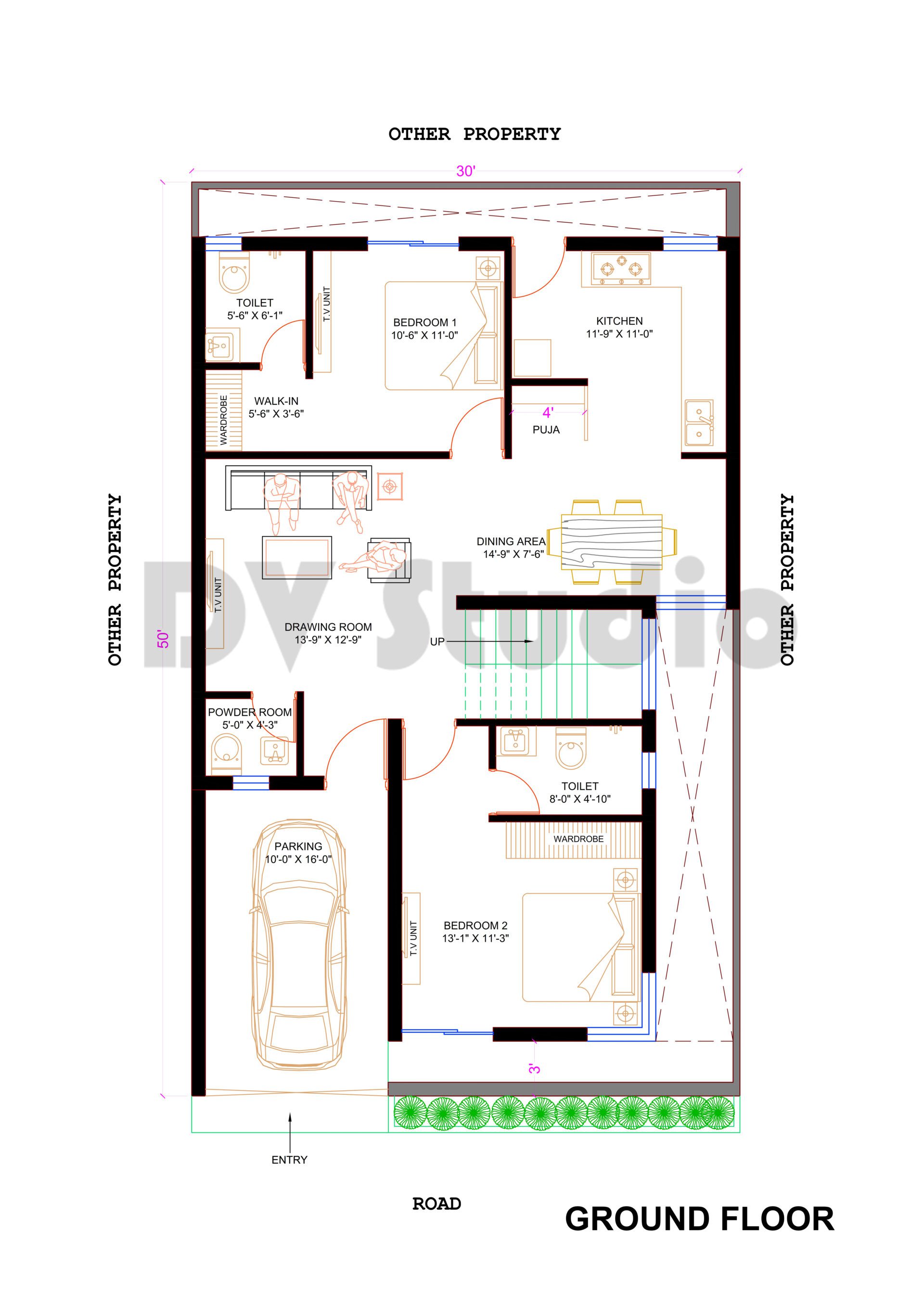 30X50 House Design Option 8 - DV Studio