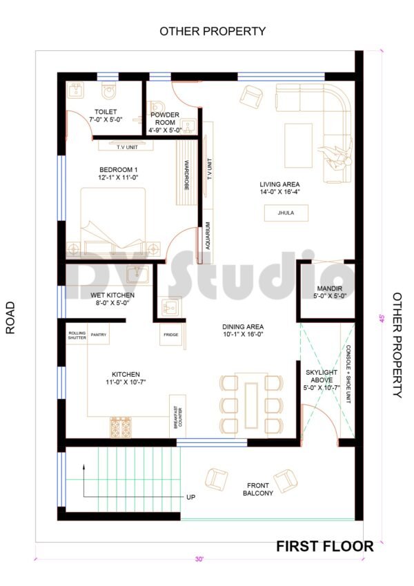 30x45 House Plan 3D - 4BHK - Option 7 - 1350 Sqft | 150 Gaj - DV Studio