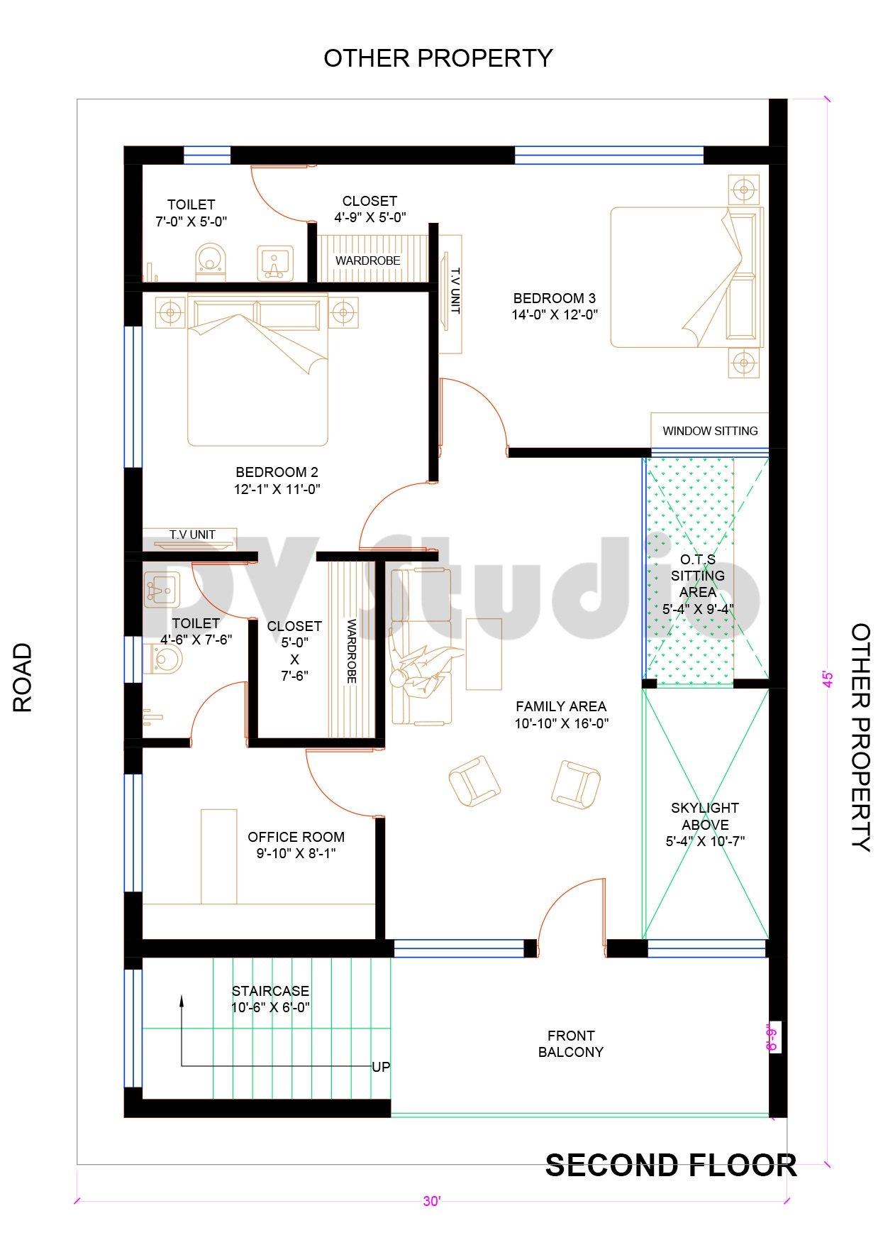 30x45 House Plan 3D - 4BHK - Option 7 - 1350 Sqft | 150 Gaj - DV Studio
