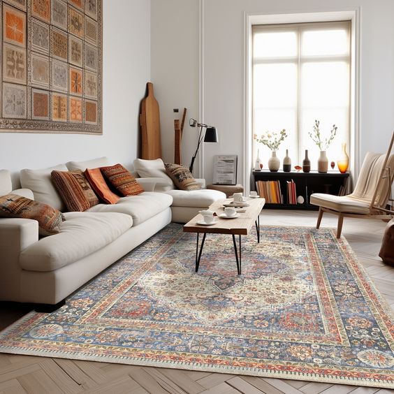 Cozy living room with a stylish area rug tying together furniture and adding warmth to the space.