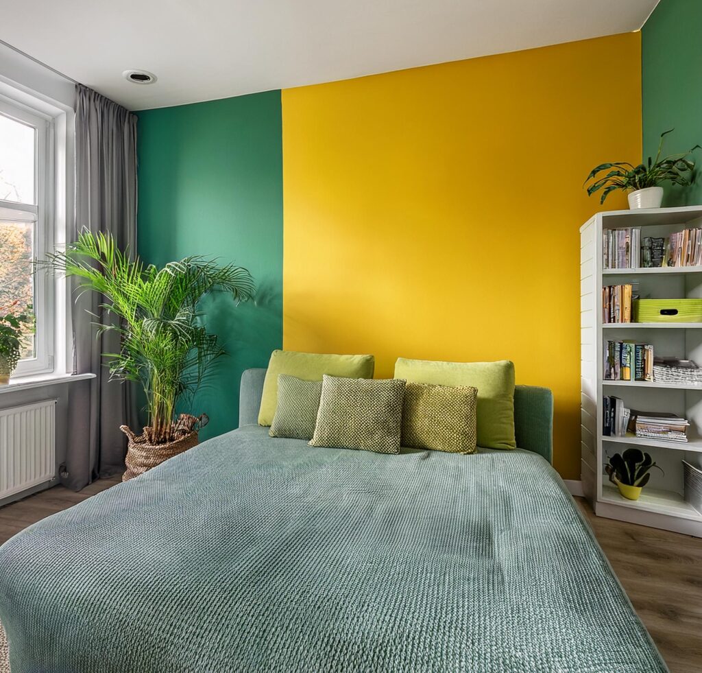 Accent wall in bold color transforming the room with simple, affordable paint for a refreshed look