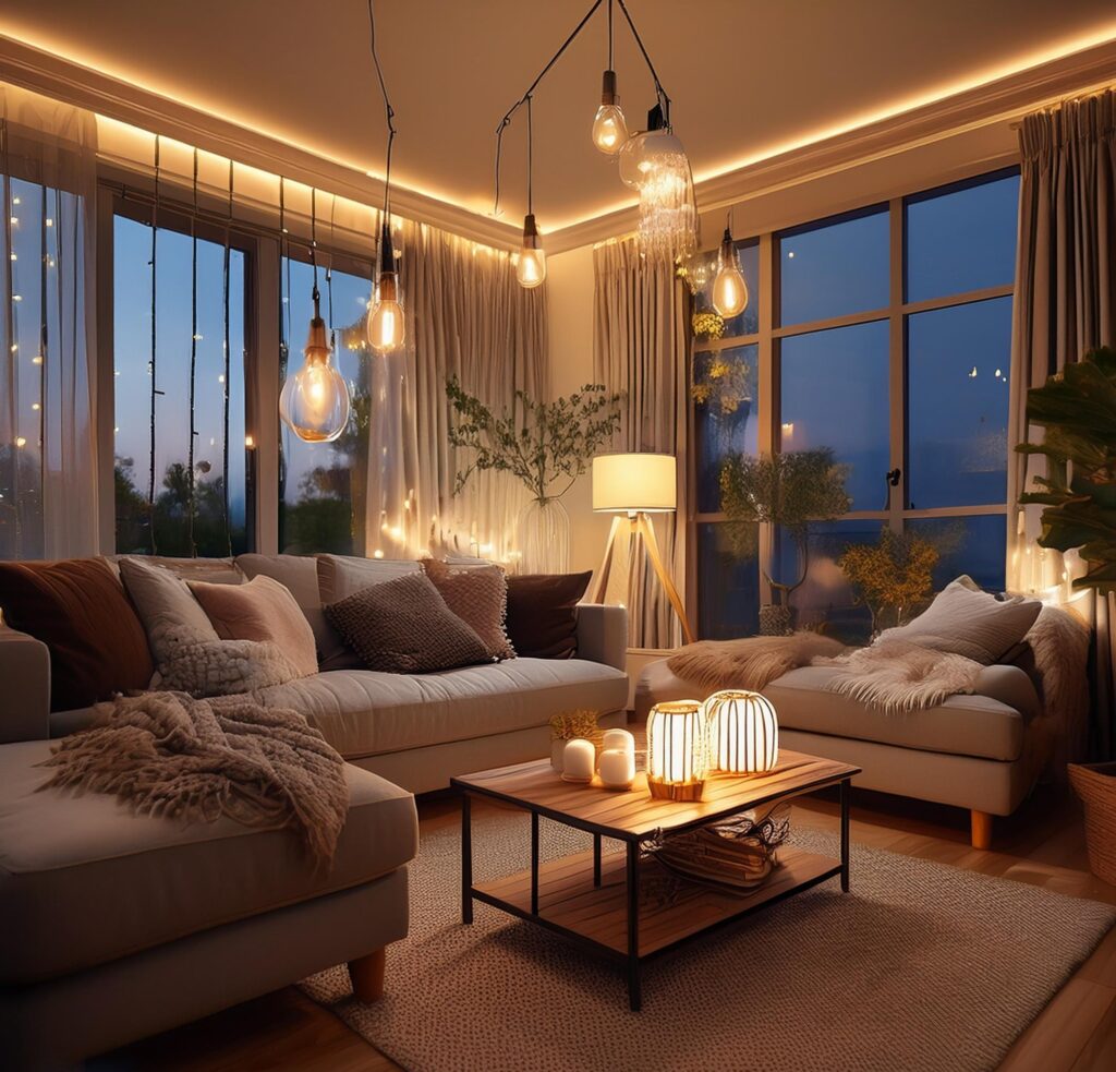 Cozy room with updated lighting, featuring string lights, lamps, and a floor lamp for a warm atmosphere.