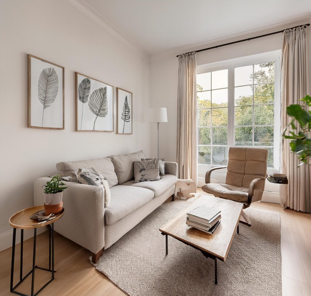 Bright living room with rearranged furniture layout creating more space and improved room flow.