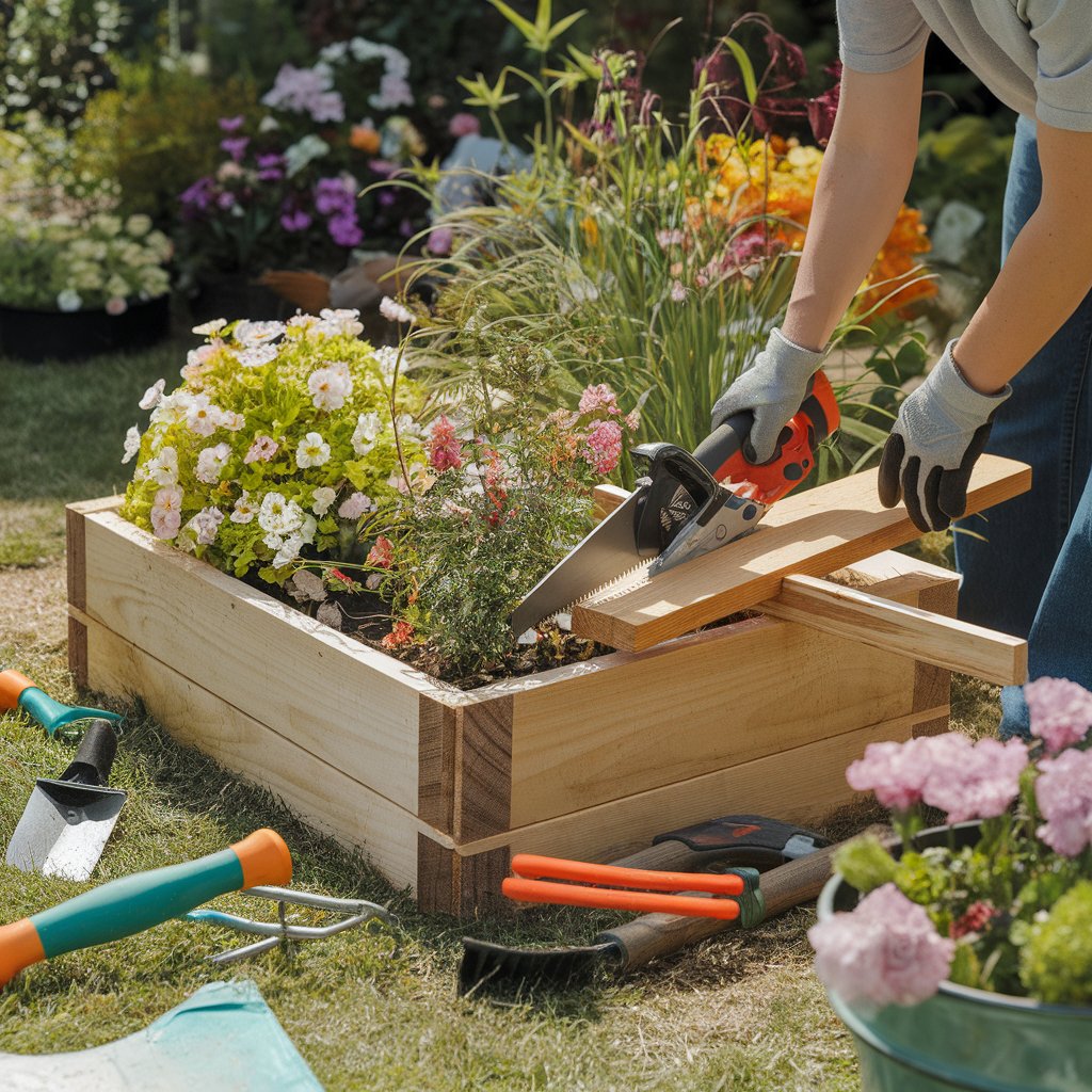 Person building a wooden planter box outdoors with plants nearby.