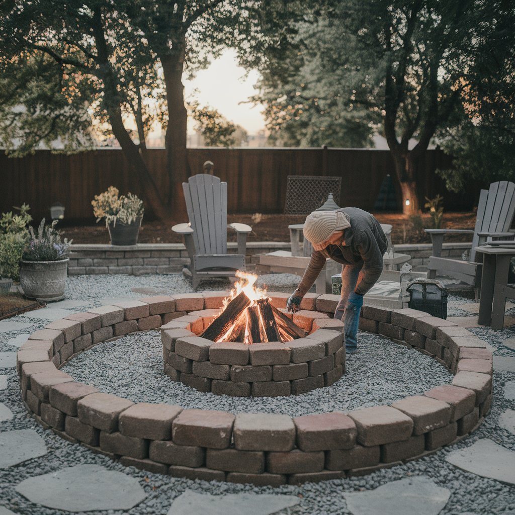 Backyard scene with a person building a stone fire pit.