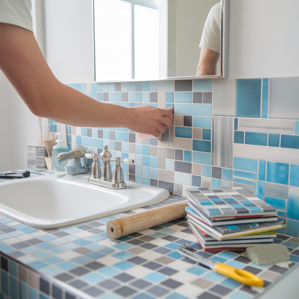 Person applying peel and stick tiles in a bright bathroom renovation.