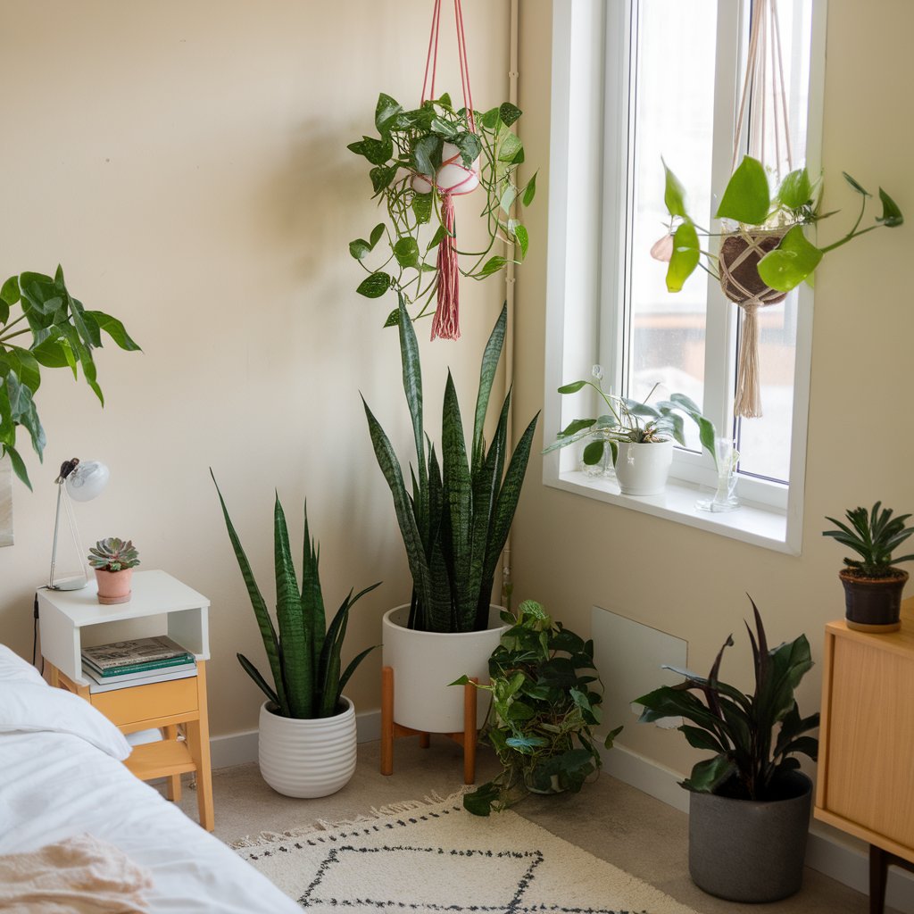 A bright bedroom with various indoor plants, including a small succulent on the bedside table, a snake plant in the corner, and hanging plants near the window.