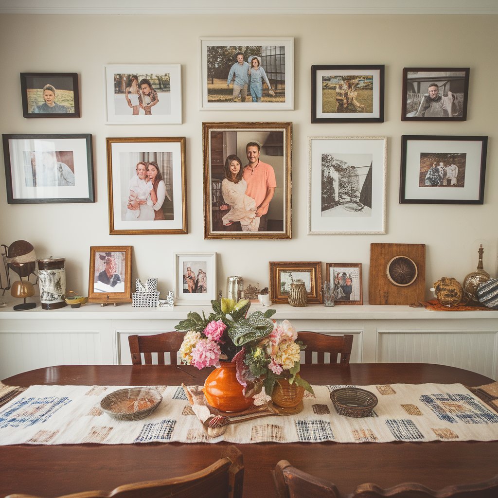 Dining room with framed family photos on the walls, a handmade table runner, and personal decor pieces