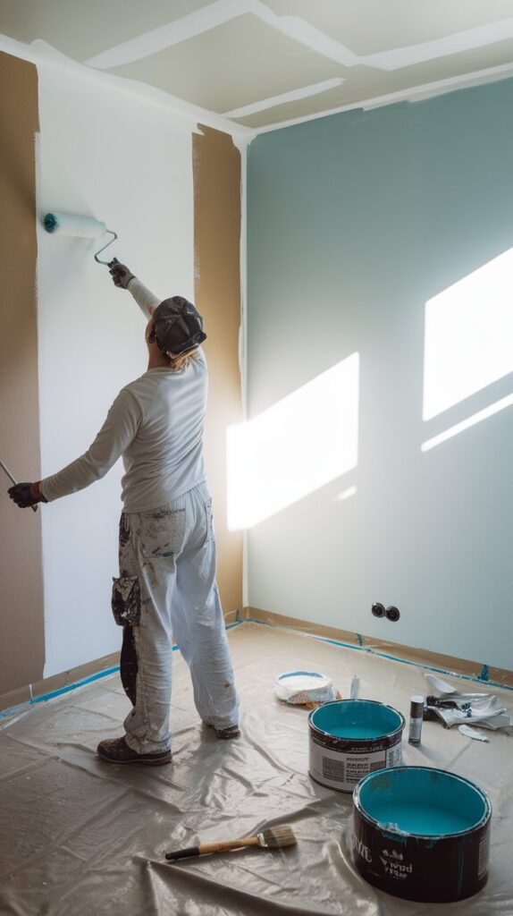 Person painting a wall light blue with a roller in a cozy room.