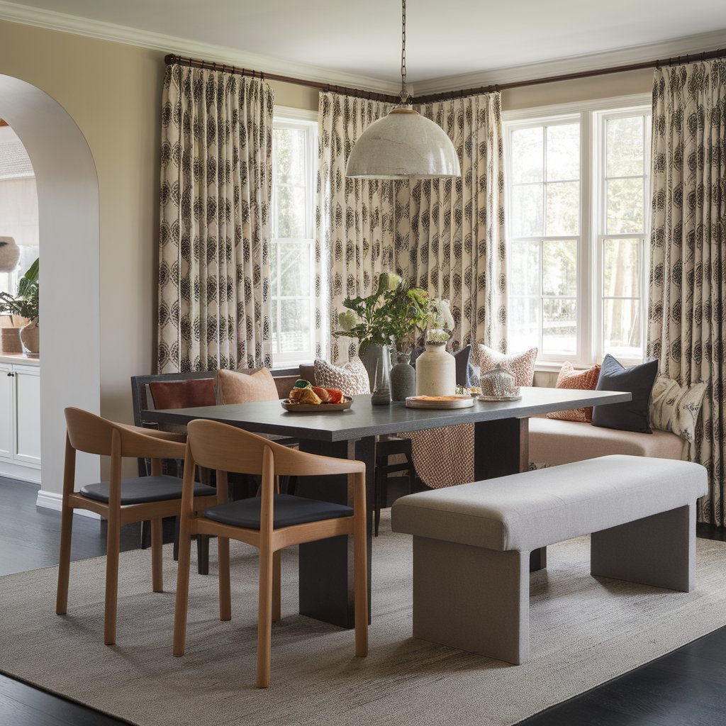 Dining room with mixed seating: wooden chairs, cushioned chairs, and a bench around a cozy table