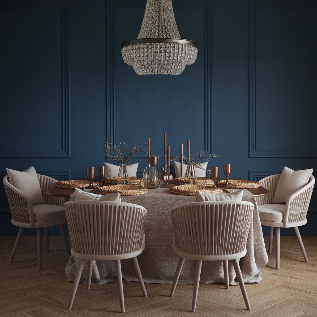 Dining room with a bold blue wall, neutral chairs with cushions, and textured table settings for contrast.