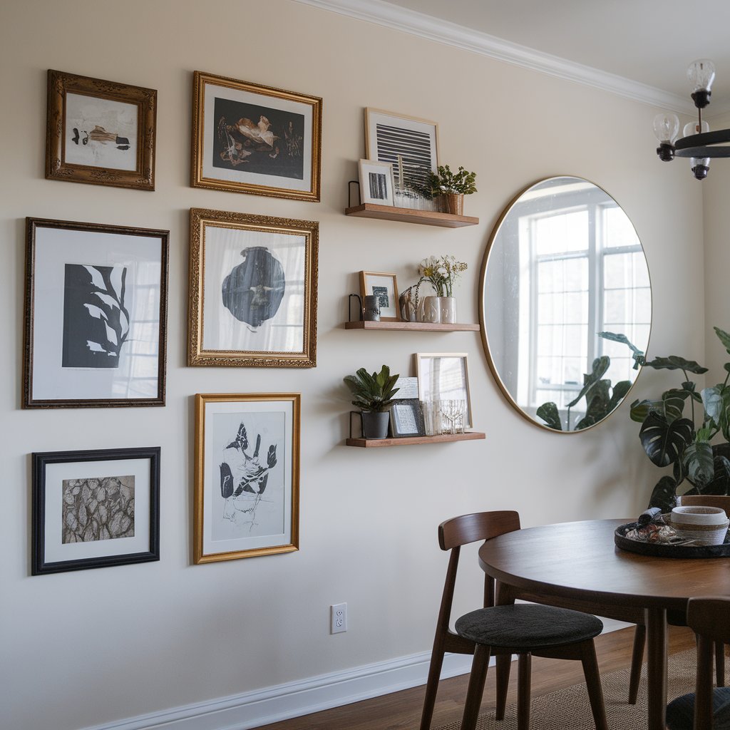 Dining room with a gallery wall of framed art, a round mirror, and floating shelves displaying decor