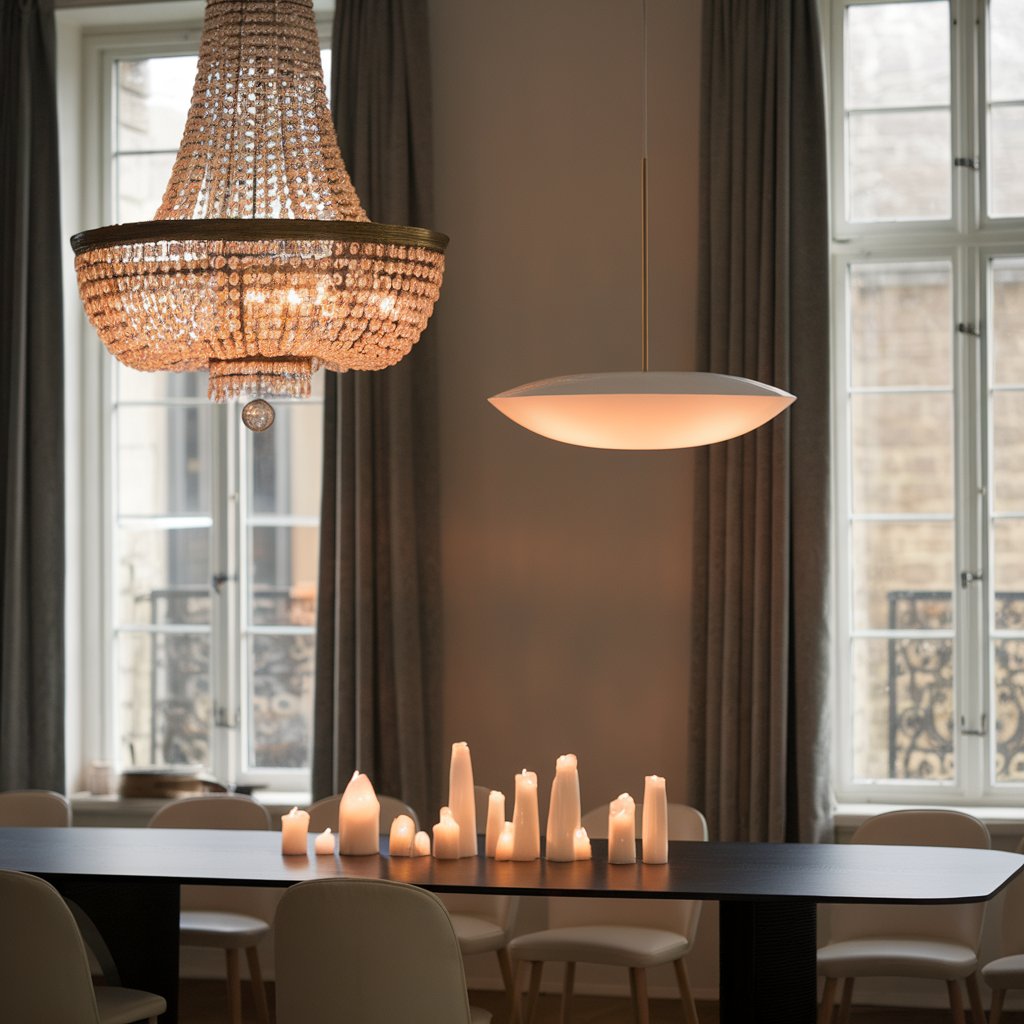 Dining room with an elegant chandelier, a modern pendant light, and soft candlelight on the table.