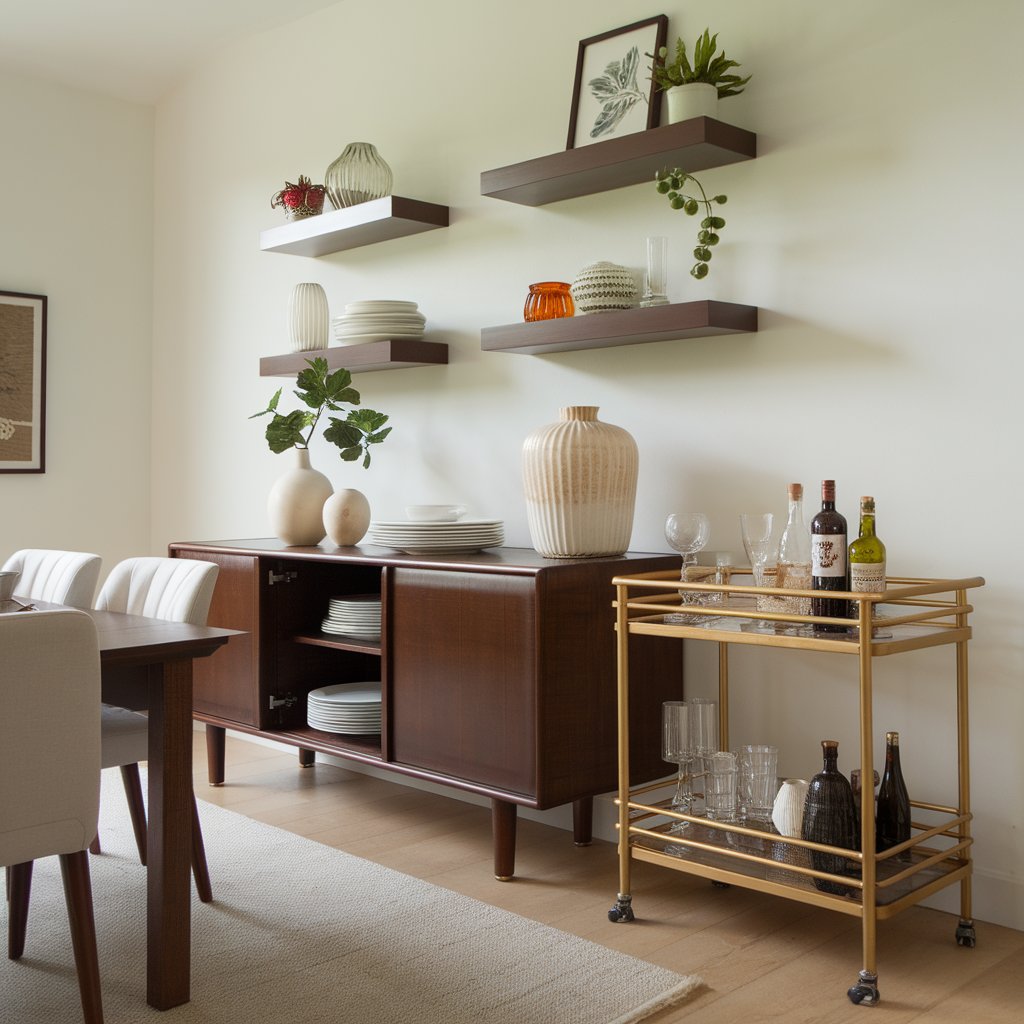 Dining room with a sideboard storing dishes, a bar cart with drinks, and floating shelves with decor.