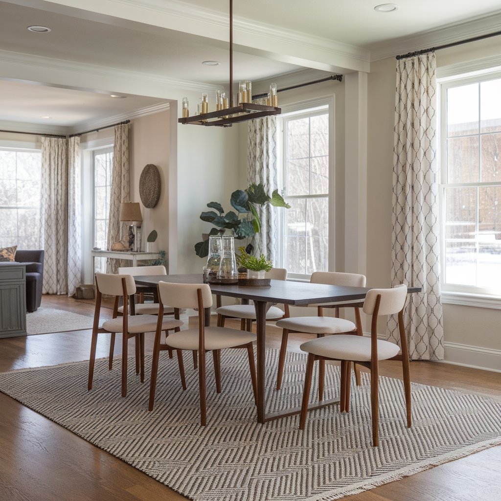 Dining room with a large patterned area rug under the table and chairs, anchoring the space.