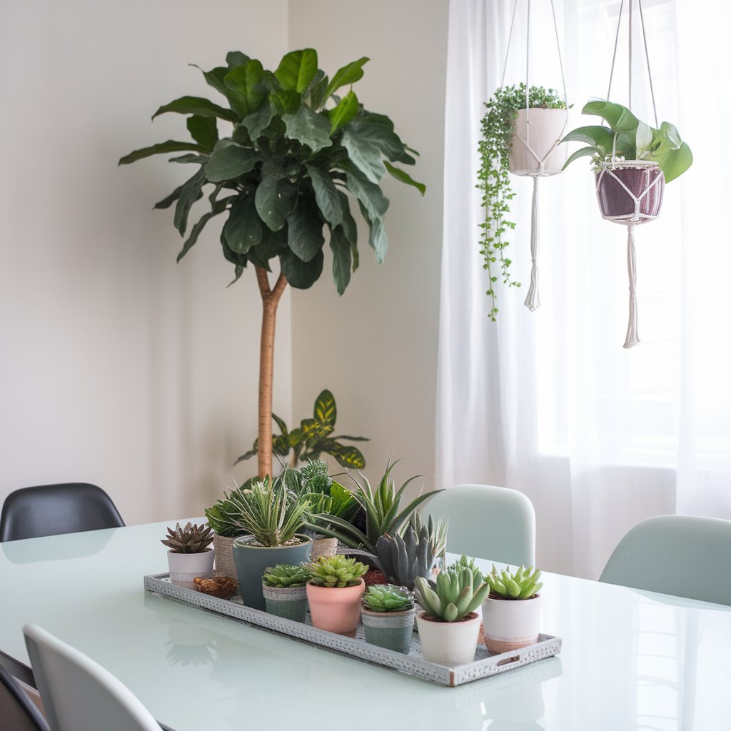 Dining room with small tabletop plants, a tall corner floor plant, and hanging greenery near the window