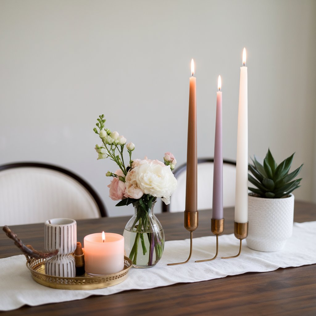 Dining table with a vase of fresh flowers, tall candles, and a decorative tray with small items as the centerpiece