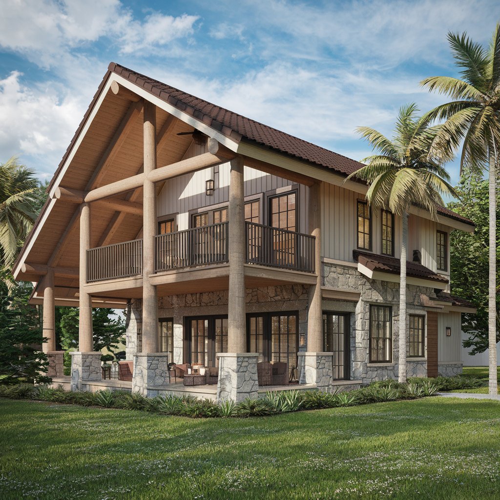 A house with a sloped roof, large wooden pillars, and open balconies. The exterior features natural wood and stone, surrounded by lush greenery with palm trees.