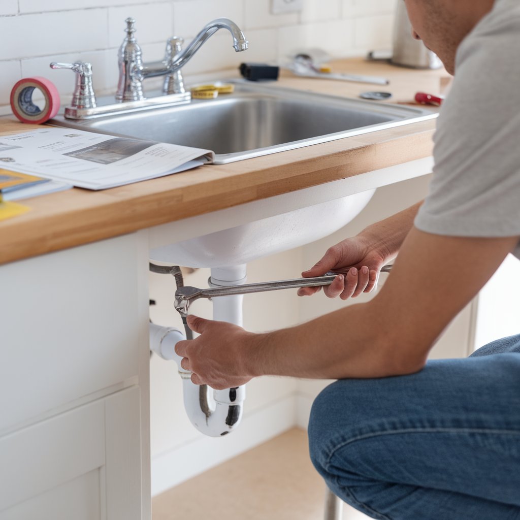 Person installing a new faucet in a kitchen sink with tools nearby.