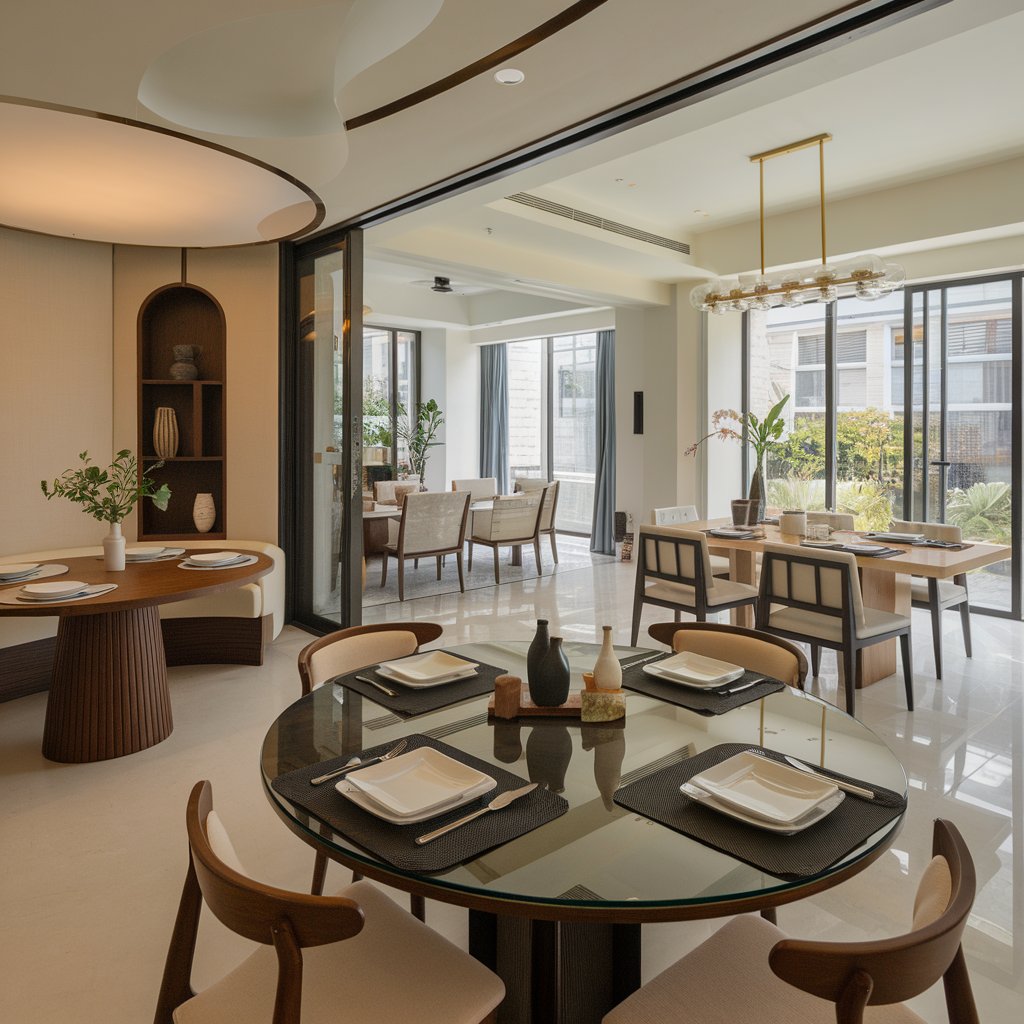 Dining room with a round wooden table, a rectangular glass table, and an extendable table in different spaces.