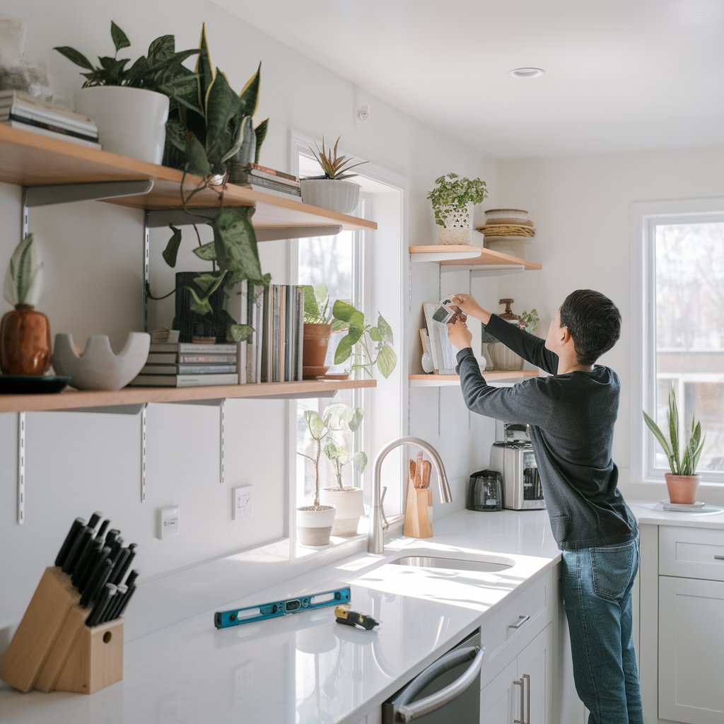 Modern kitchen with newly installed floating shelves holding plants and books.