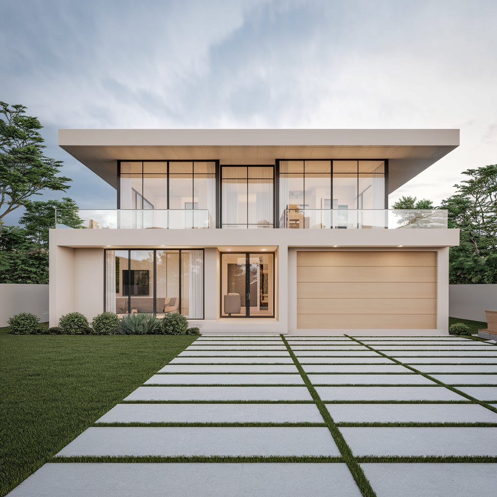 A sleek, white house with clean lines, a flat roof, large glass windows, and minimal decoration. The surroundings are simple with a small, manicured lawn.