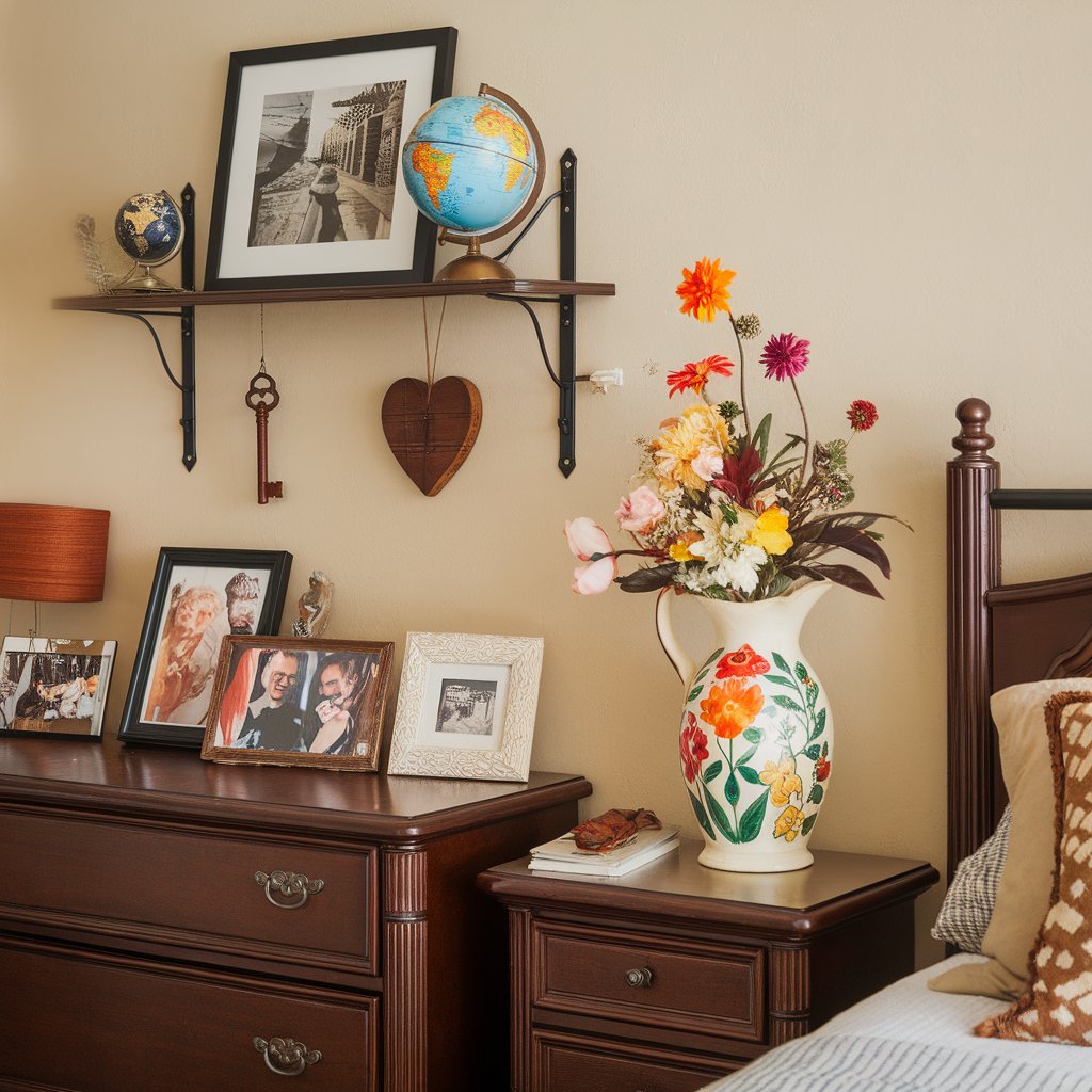 A personalized bedroom featuring framed photos on a dresser, a shelf with travel souvenirs, and a cozy DIY craft project, such as a hand-painted vase on the nightstand.