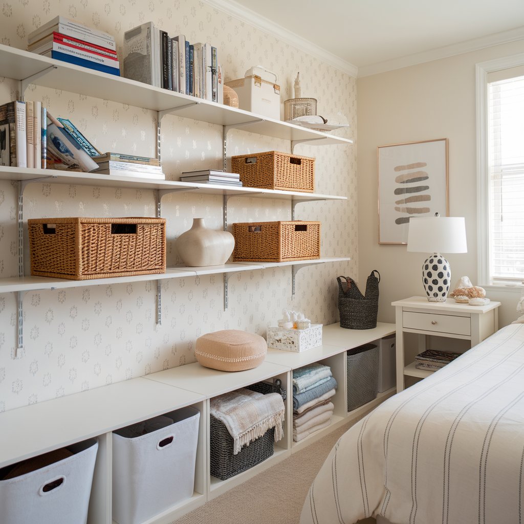 A clean and organized bedroom with floating shelves holding books and decor, wicker baskets for storage, and an under-bed storage system for extra blankets