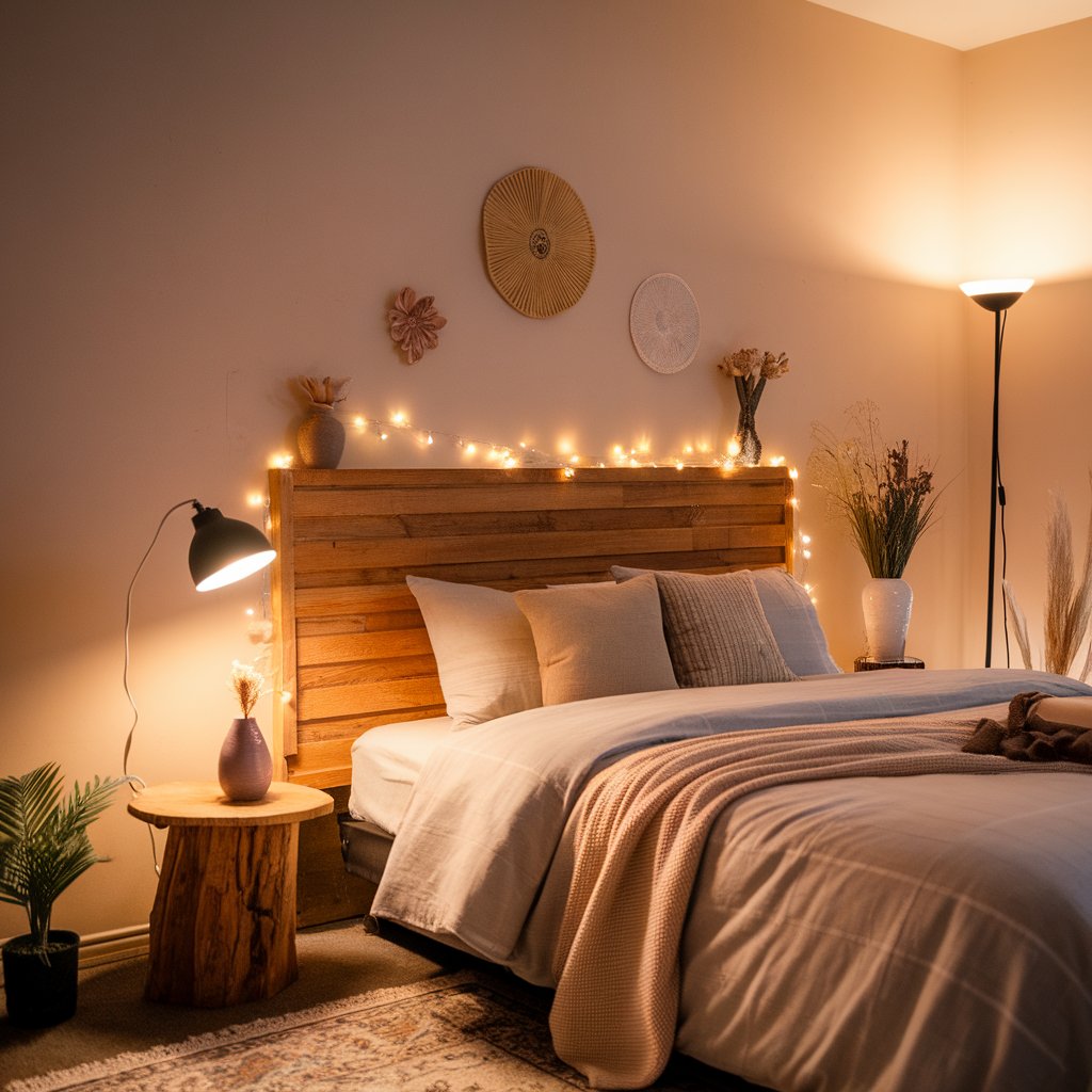 A bedroom illuminated by soft, warm lighting, including a bedside lamp with a modern shade, fairy lights draped around the headboard, and a floor lamp casting a cozy glow