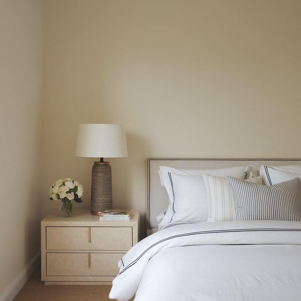 A cozy bedroom featuring a soft neutral color palette with light cream walls, a pastel blue bedspread, and accent pillows. The room is warm and inviting, with natural light coming through sheer curtains