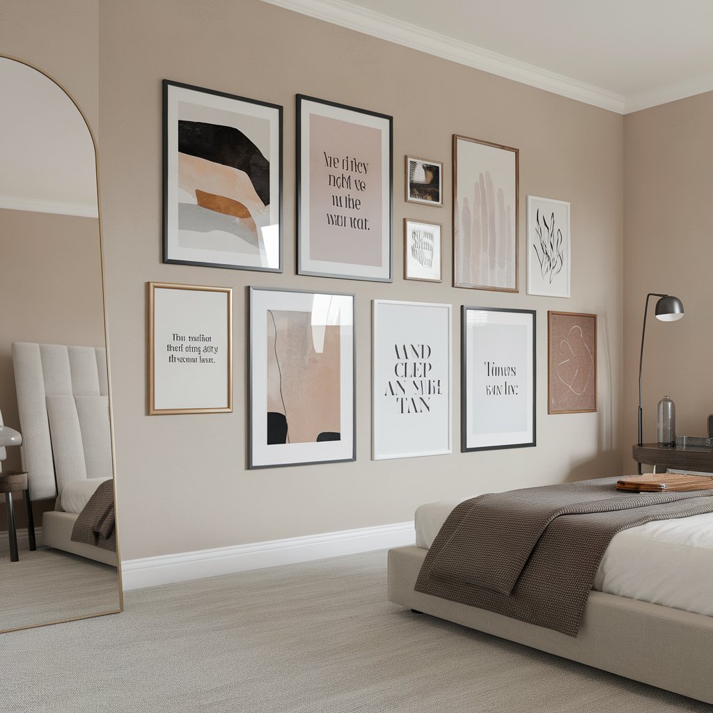 A modern bedroom with a gallery wall showcasing framed art, including abstract paintings and inspirational quotes. The room features a stylish mirror, a minimalist bed, and neutral-toned furniture