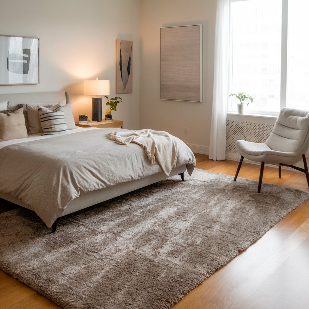 A modern bedroom with a large, soft area rug under the bed. The rug is plush, light gray, and adds warmth to the wooden floor. The bed is dressed in neutral bedding, and a comfy chair sits nearby