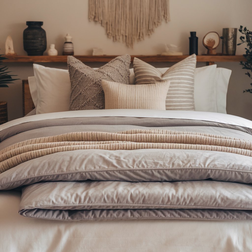 A neatly made bed with layered bedding, including soft white sheets, a plush gray comforter, and a cozy knit throw blanket. Decorative pillows of different textures and colors complete the look