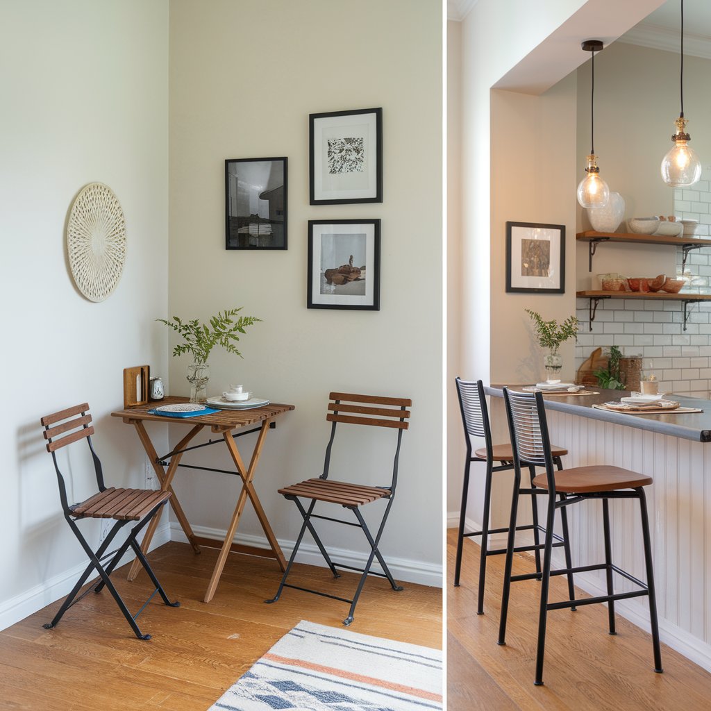 Small dining nook with a foldable table, chairs, and wall decor; another space shows bar seating with stools