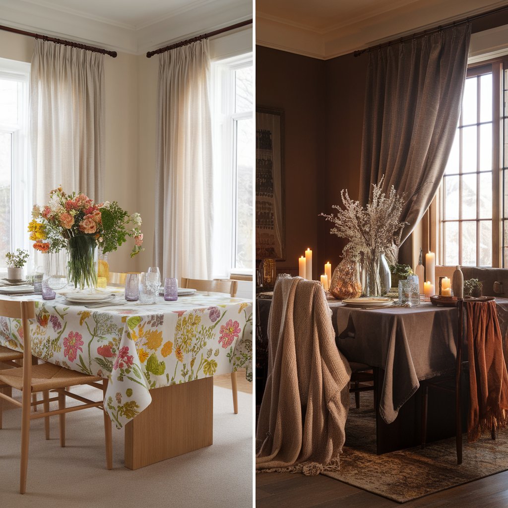 Dining room styled for spring with bright floral decor, and for winter with cozy throws and earthy tones.