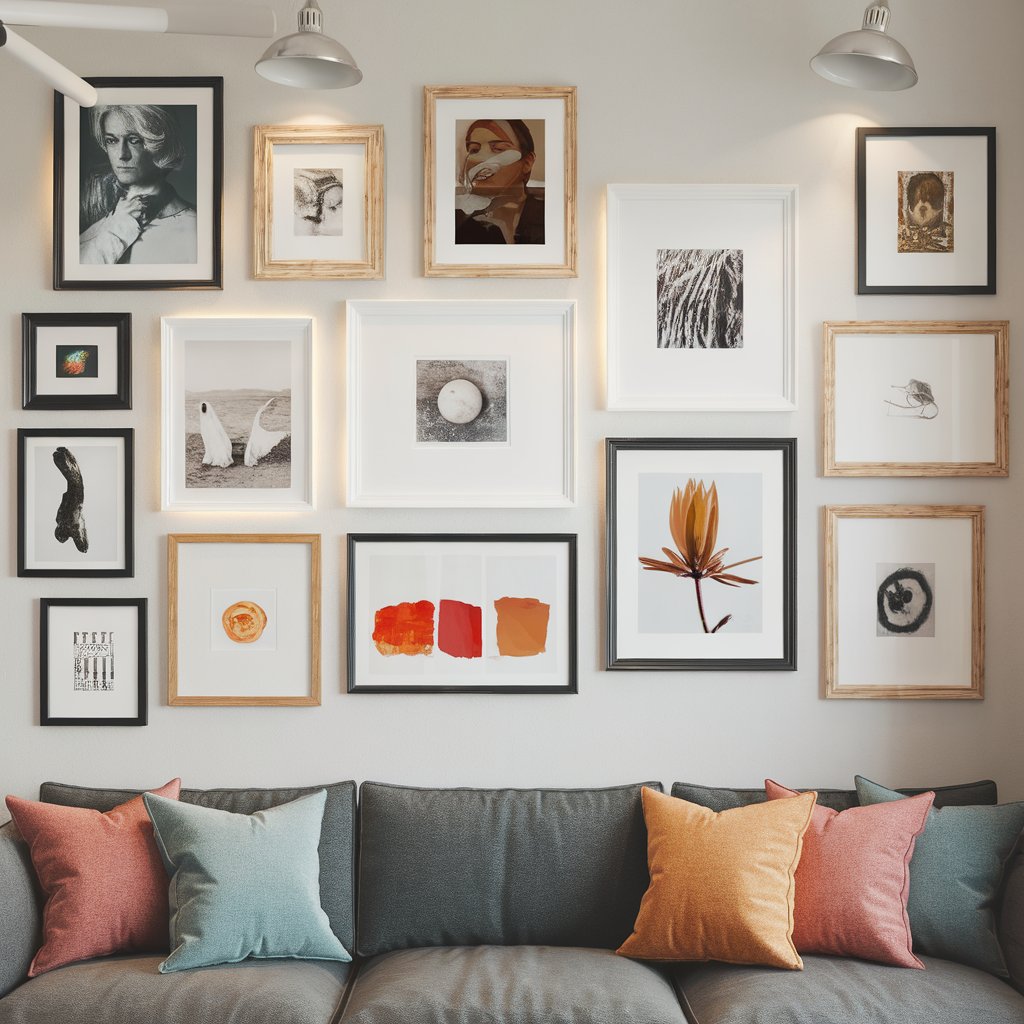 A gallery wall with various framed pictures in a stylish living room.