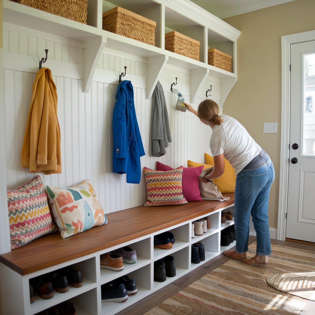 A mudroom featuring a newly built wooden bench with cushions and storage.