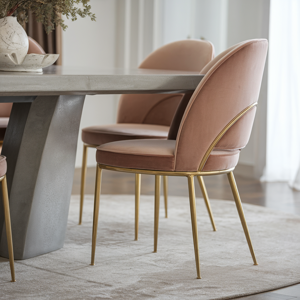 A close-up of a modern dining table made from polished concrete, paired with elegant chairs featuring velvet upholstery and gold metallic legs. A mix of textures—smooth concrete, soft fabric, and shiny metal—creates a visually stunning contrast