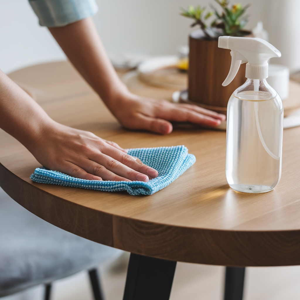 A close-up of hands wiping a wooden dining table with a microfiber cloth, a bottle of eco-friendly cleaner nearby. The scene emphasizes care and maintenance of modern furniture surfaces.