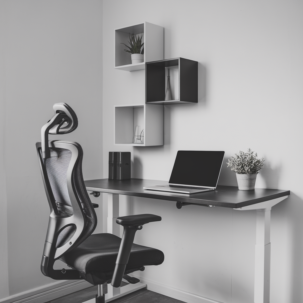 A compact home office setup with a height-adjustable desk, an ergonomic chair with sleek upholstery, and a modular shelving system mounted on the wall. A laptop and a small potted plant sit on the desk, emphasizing functionality and style.