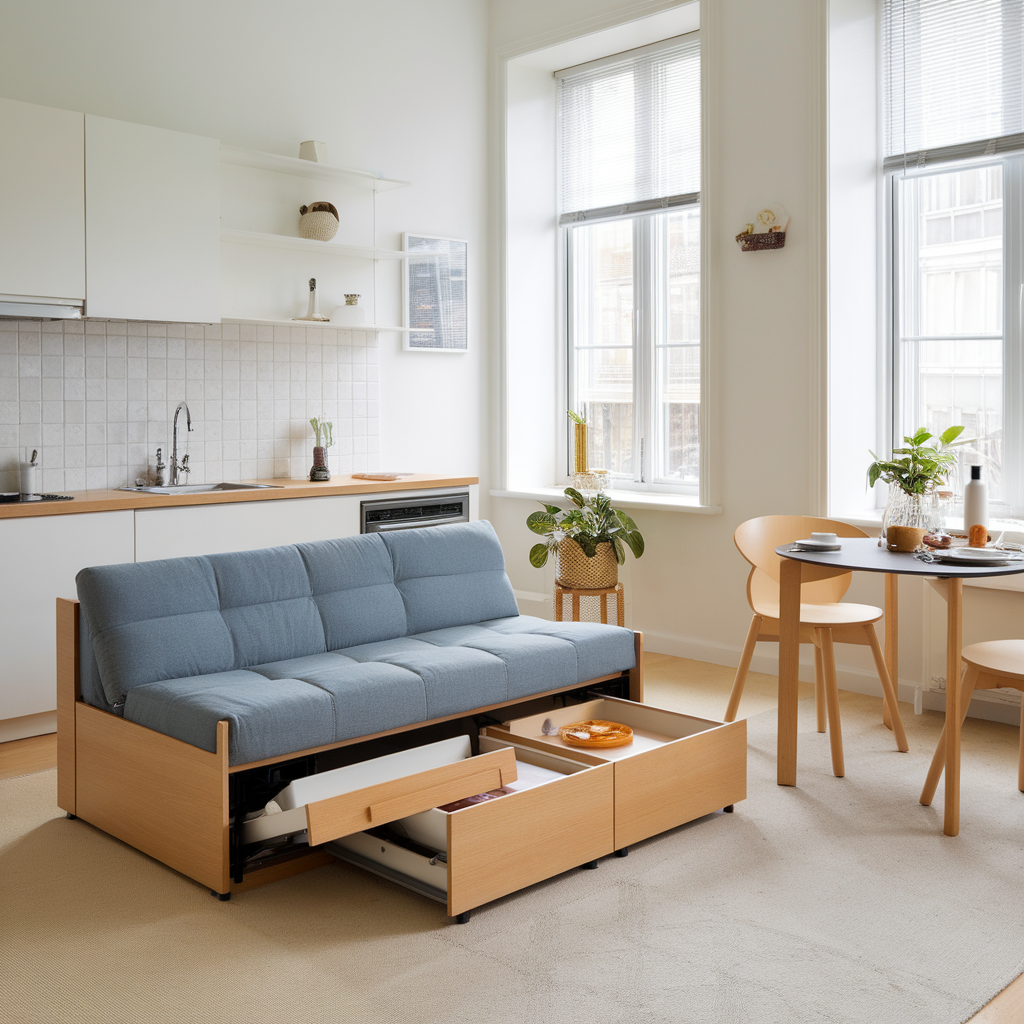 A compact studio apartment showcasing a multifunctional sofa bed, a coffee table that opens up to reveal storage space, and a foldable dining table. The setting is bright and airy, with modular furniture blending into the clean layout.