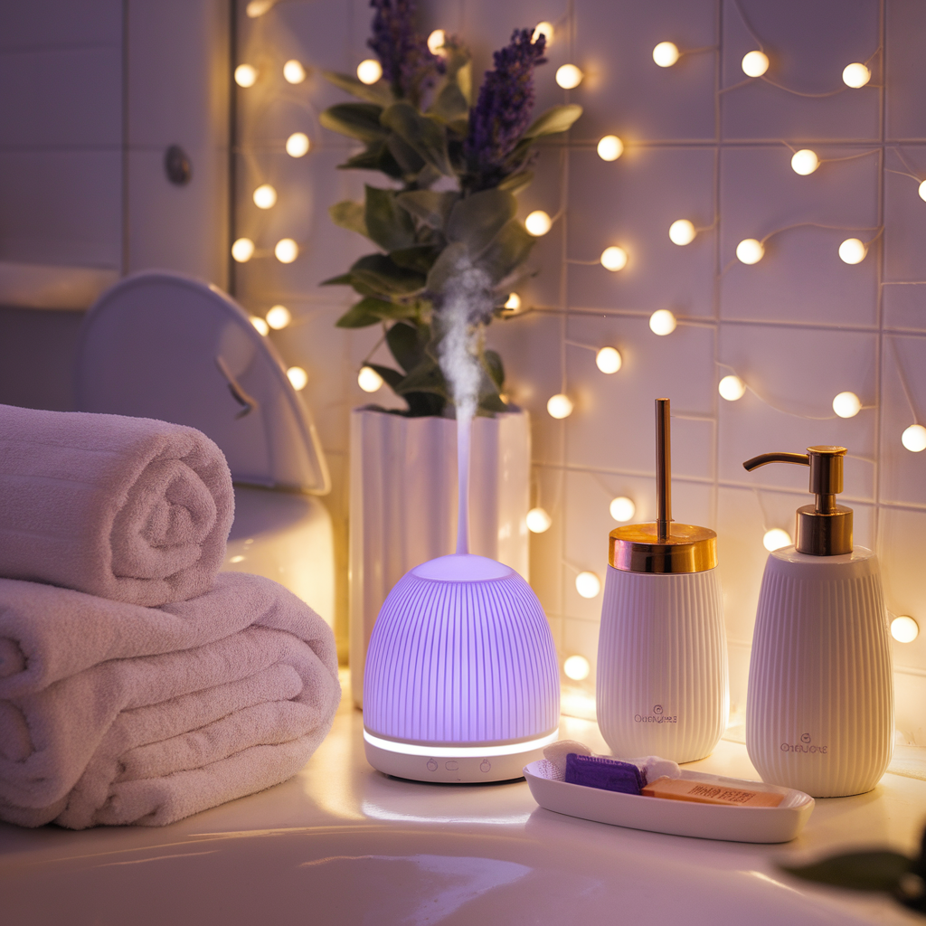 A cozy bathroom with soft LED lights, an essential oil diffuser emitting a calming lavender aroma, and stylish sanitary accessories like a gold-accented toilet brush holder and soap dispenser. The room has a spa-like feel with soft towels folded neatly