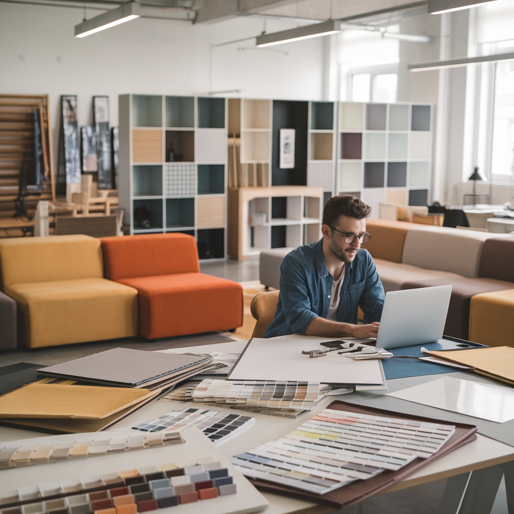 A furniture design studio featuring a variety of fabric swatches, wood samples, and color palettes. A designer is sitting at a table with a laptop, while modular sofa pieces and customizable shelving units are displayed in the background.