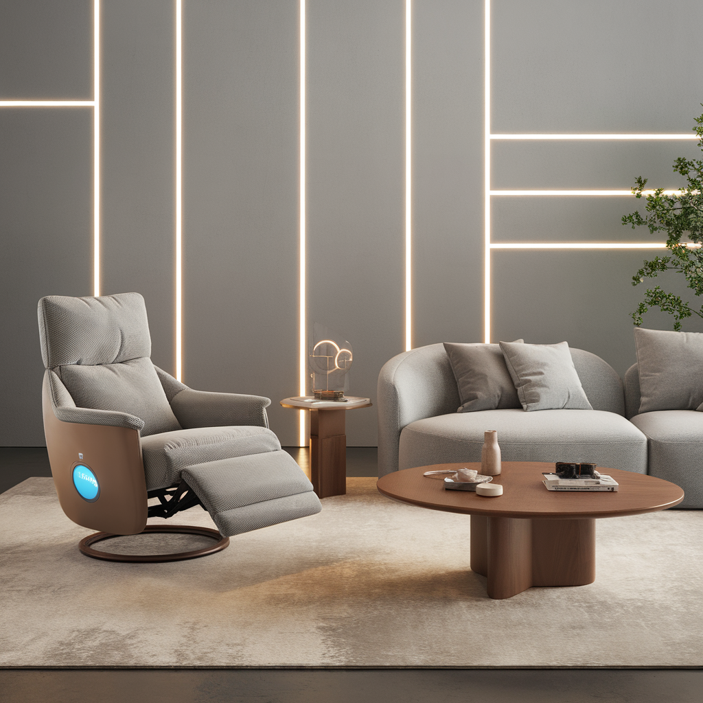 A futuristic yet cozy living room featuring modern furniture—a recliner with built-in smart features, a coffee table with wireless charging, and LED mood lighting integrated into the walls. The setting balances innovation and comfort.